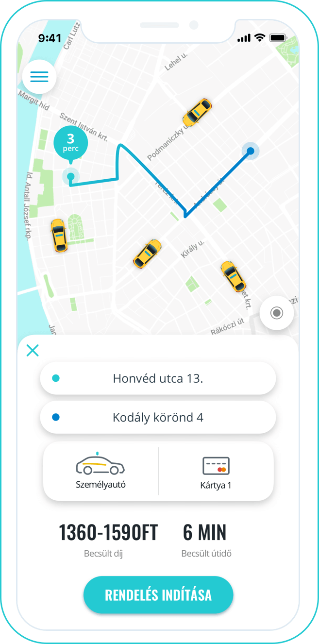 Taxi város rendelés autó sofőr utas applikáció app budapest hősök tere lánchíd rendelés idő hely